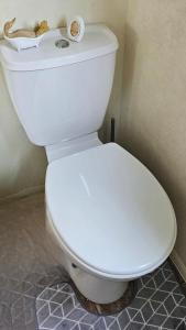 a white toilet with a roll of toilet paper on top of it at J.R. Holiday Homes in Clacton-on-Sea