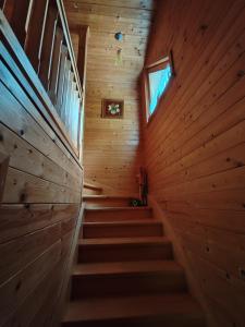 a staircase in a cabin with wooden walls at Room Janez in Preddvor