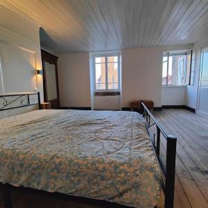 a bedroom with a large bed in a room with windows at Frans dorpshuisje Maison Gerard in Bussières-lès-Belmont