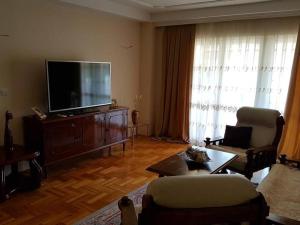 a living room with a flat screen tv on a entertainment center at Villa Kraljevski in Kumanovo