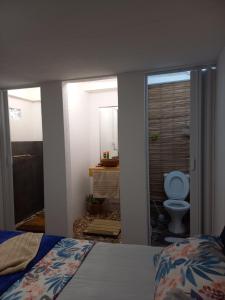 ein Schlafzimmer mit einem Bett und ein Badezimmer mit einem WC in der Unterkunft Pousada Espaço Cosmos in Águas da Prata