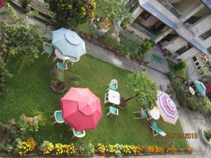 Elle offre une vue sur la terrasse dotée d'un parasol et de chaises. dans l'établissement New Annapurna Guest House, à Pokhara