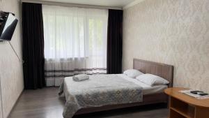 a bedroom with a bed in front of a window at АЛЬ-ТАИР Апартаменты 1-ком в центре in Petropavlovsk