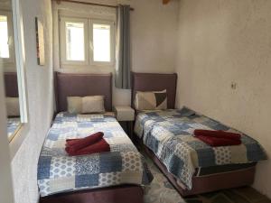 two beds in a small room with red pillows at Hamre Apartments (Nicholas) in Agios Georgios Pagon