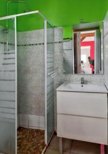 a bathroom with a sink and a shower with a mirror at Maison d'une chambre avec terrasse amenagee et wifi a Morne A l'Eau in Morne-à-lʼEau
