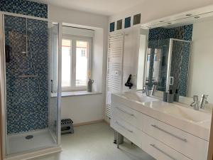 łazienka z prysznicem, 2 umywalkami i prysznicem w obiekcie Les Rives du Château, 90m2, vue sur le canal w mieście Saverne