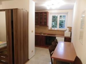 eine Küche mit einem Holztisch und einem Waschbecken in der Unterkunft Apartment EM in Harrachov