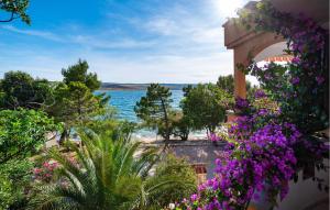 a view of the water from a building with purple flowers at Stunning Apartment In Rovanjska in Rovanjska