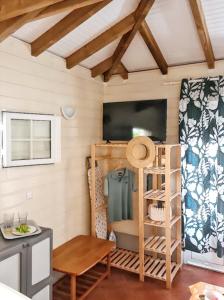 a tiny house with a tv and a table at Maison d'une chambre avec vue sur la mer jardin amenage et wifi a Le Marin a 2 km de la plage in Le Marin