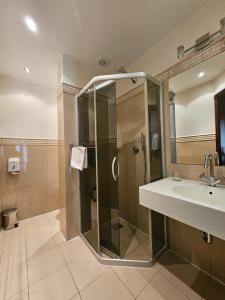 uma casa de banho com um chuveiro e um lavatório. em Guest House & Villa Astoma em Palanga