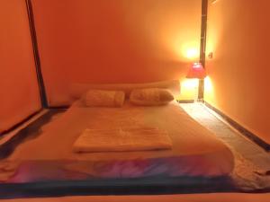 1 cama con 2 almohadas y 1 lámpara en la habitación en One bedroom apartement with city view furnished terrace and wifi at Tunis en Túnez