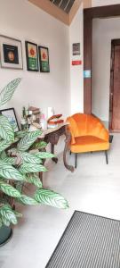 un salon avec un bureau et une plante dans l'établissement One bedroom apartement with city view and wifi at Guimaraes, à Guimarães