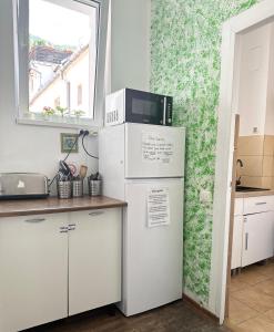 a kitchen with a microwave on top of a refrigerator at Centrum House Hostel in Braşov