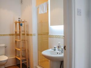 Un baño con lavabo, inodoro y ducha. en 3 Melbury, en Salcombe 21 fotos más