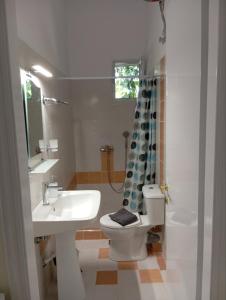 un bagno con wc, lavandino e doccia di Mirkashouse a Limenas