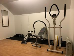una habitación con gimnasio con cinta de correr y pesas en Late, Duplex house apartment for 7 near Meyer gate, en Turku