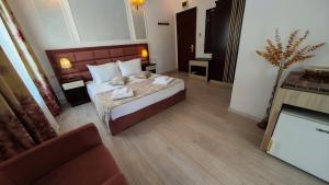 une chambre d'hôtel avec un lit et une télévision dans l'établissement Steaua Apelor Family Resort, à Nufăru