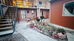 un patio avec un tas de plantes en pot à côté d'un bâtiment dans l'établissement Casa Ñawi, à San Pedro de Atacama