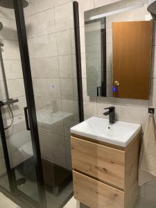 a bathroom with a sink and a shower and a mirror at Barbieri Granada Pensión in Granada