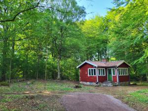 una pequeña cabaña roja en medio de un bosque en Ormanäs Stugby, en Höör