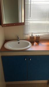 a bathroom counter with a sink and a mirror at Mobil Home in Siouville