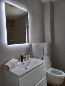 une salle de bain avec un lavabo, des toilettes et un miroir dans l'établissement Apartman Filip, à Poljica