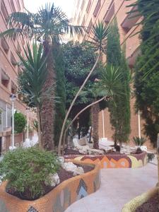 Un patio con palmeras y sillas en un edificio. en Holiday TorremarMED020, en El Borseral