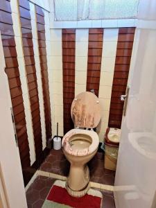 a bathroom with a toilet with a wooden wall at Teodor Apartman in Gyula