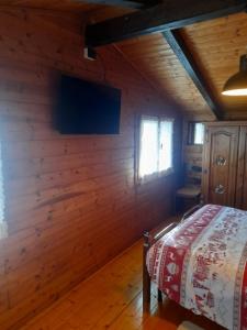 una camera con pareti in legno e un letto in una stanza di Chalet Aledia a Pessinetto