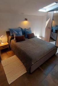 a bedroom with a large bed with blue pillows at Dépendance Spacieux Duplex 50 M2 Classé 3 étoiles sans vis-à-vis in Gréoux-les-Bains