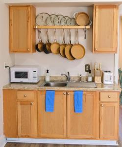 a kitchen with a sink and a microwave at Comfortable One Bedroom Apartment - Walk to the Beach! in Jacksonville Beach