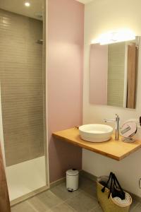 a bathroom with a sink and a glass shower at Le figuier in Saint-Sauveur +11 photos