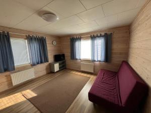ein Wohnzimmer mit einem Sofa, einem TV und Fenstern in der Unterkunft SportHome in Rovaniemi