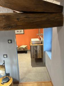 a bathroom with a sink and orange walls at Le Marais des Littes in Chonas-lʼAmballan +27 photos