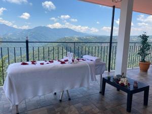 um quarto com uma cama branca e vista para as montanhas em Hotel Vista Markés em Zacatlán