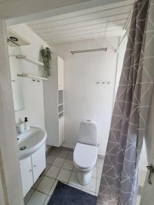 biała łazienka z toaletą i umywalką w obiekcie Willkommen in Frifelt Nähe Rømø mit wunderschönen Garten w mieście Skærbæk