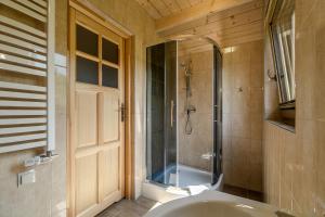 a bathroom with a tub and a shower with a glass door at DOMKI Szarotka, Rozeta i Parzenica in Ratułów +126 photos