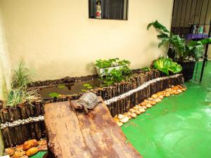 ein Garten mit einem Teich in der Ecke eines Hauses in der Unterkunft Pousada Residencial Porto de Galinhas in Porto De Galinhas