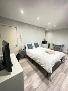 sypialnia z łóżkiem i telewizorem z płaskim ekranem w obiekcie Green Lanes w Londynie