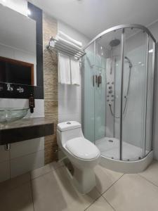 a bathroom with a shower and a toilet and a sink at Concha y Toro 33 Hotel Boutique by Nobile in Santiago