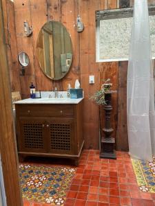 uma casa de banho com um lavatório e um espelho em Carriage House Waterfront On Tomales Bay With Dock em Marshall
