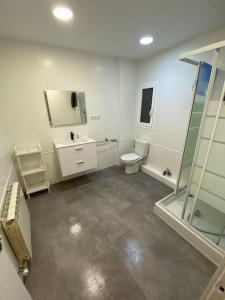 a bathroom with a toilet and a sink and a shower at Habitacion en piso de 3 habitaciones, Manresa Near train Barcelona 2 in Manresa