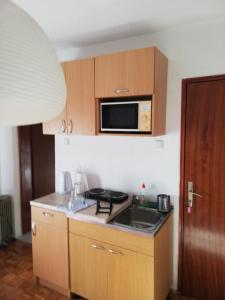 a small kitchen with a sink and a microwave at Apartman Brazil in Bihać