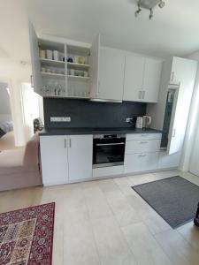 Biała kuchnia z białymi szafkami i kanapą w obiekcie Peaceful Apartment- 3 Zi- Loggia & Garden in Blankenese- w mieście Hamburg