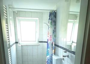 een badkamer met een raam en een douchegordijn bij Struthhof Ferienwohnung in Finsternthal
