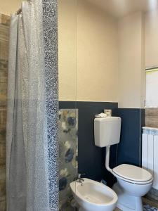 a bathroom with a toilet and a shower curtain at Maison Du Bois in Rivarolo Canavese +16 photos