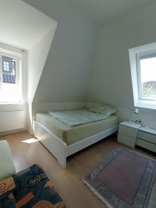 een kleine slaapkamer met een bed en 2 ramen bij Peaceful Apartment- 3 Zi- Loggia & Garden in Blankenese- in Hamburg
