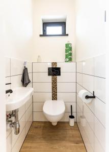 een badkamer met een toilet en een wastafel bij Sunny Apartment With Free Parking in Zvolen