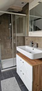 a bathroom with a sink and a shower at Modern-Landhausstil-Idylle in Dornstetten +31 photos