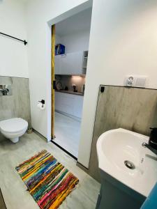 a bathroom with a sink and a toilet and a mirror at 36-Maniana - DeerRest Apart in Jelenia Góra